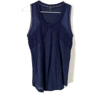 J. Crew Navy Blue Crochet Lace Silk Tank Top Semi Sheer Curved Hem